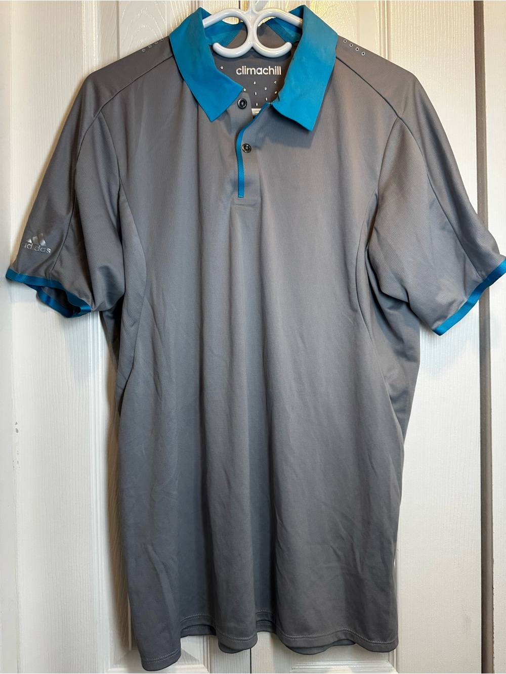 adidas men’s Gray Golf Polo with Teal Collar size L #95